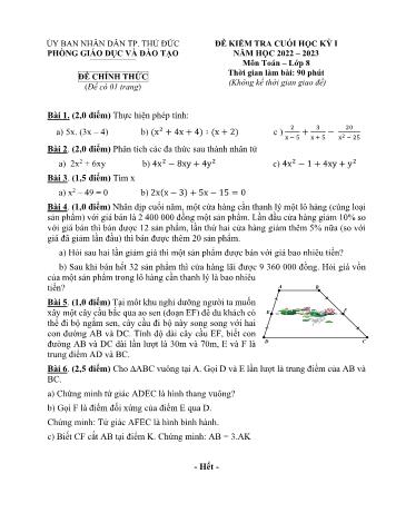 Đề kiểm tra cuối học kỳ I môn Toán học Lớp 8 - Năm học 2022-2023 - Phòng GD&ĐT Thủ Đức (Có đáp án)
