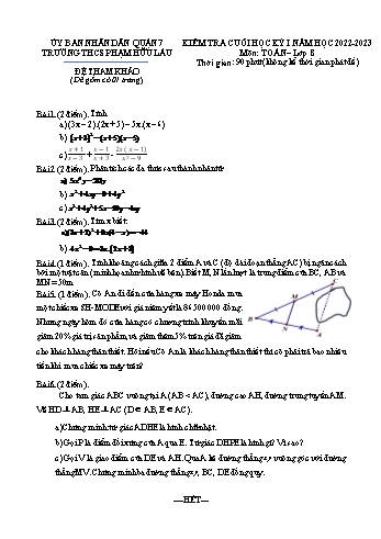 Đề kiểm tra cuối học kỳ I môn Toán học Lớp 8 - Năm học 2022-2023 - Trường THCS Phạm Hữu Lầu(Có đáp án)