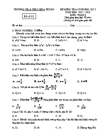 Đề kiểm tra cuối học kỳ I môn Toán học Lớp 8 - Năm học 2022-2023 - Trường TH & THCS Hóa Trung
