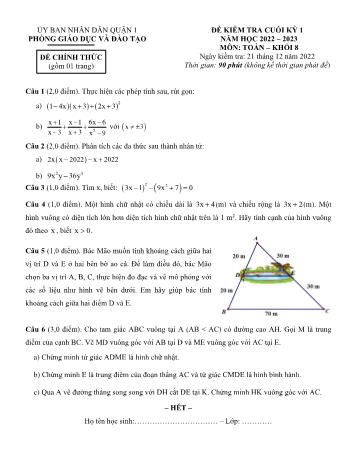 Đề kiểm tra cuối kỳ 1 môn Toán học Lớp 8 - Năm học 2022-2023 - Phòng GD&ĐT Quận 1