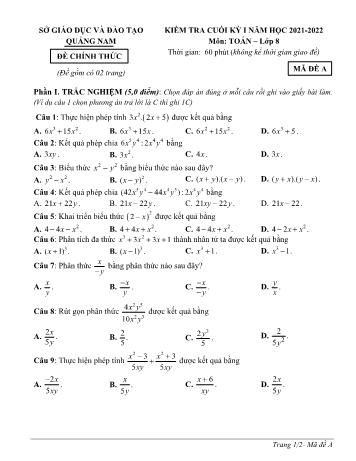 Đề kiểm tra cuối kỳ I môn Toán học Lớp 8 - Năm học 2021-2022 - Sở GD&ĐT Quảng Nam (Có đáp án)