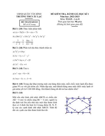 Đề kiểm tra, đánh giá học kì I môn Toán học Lớp 8 - Năm học 2022-2023 - Trường THCS Âu Lạc (Có đáp án)