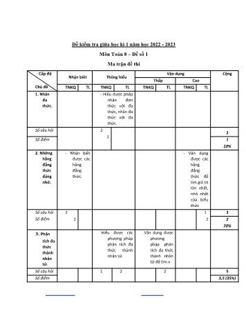 Đề kiểm tra giữa học kì 1 môn Toán học Lớp 8 - Năm học 2022-2023 (Có đáp án)