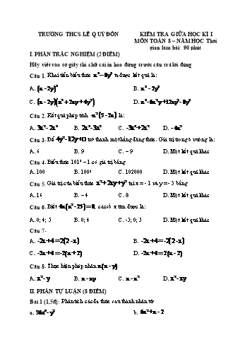 Đề kiểm tra giữa học kì I môn Toán học Lớp 8 - Năm học 2021-2022 - Trường THCS Lê Quý Đôn