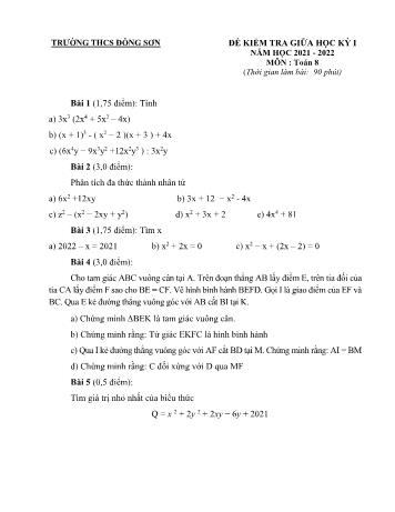 Đề kiểm tra giữa học kỳ I môn Toán học Lớp 8 - Năm học 2021-2022 - Trường THCS Đông Sơn (Có đáp án)