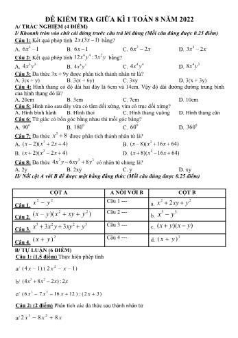 Đề kiểm tra giữa kì 1 môn Toán học Lớp 8 - Năm học 2022-2023 (Có đáp án)