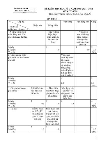 Đề kiểm tra học kì I môn Toán học Lớp 8 - Năm học 2021-2022 - Đề 2 (Có ma trận + đáp án)