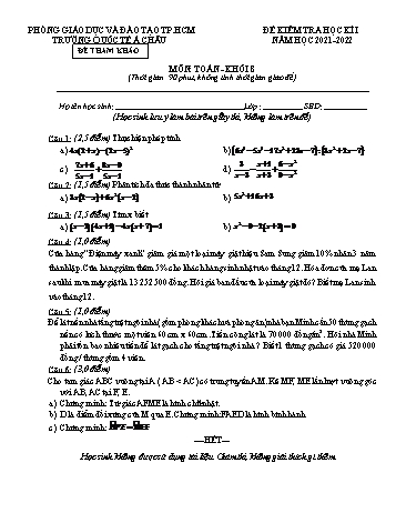 Đề kiểm tra học kì I môn Toán học Lớp 8 - Năm học 2021-2022 - Trường Quốc tế Á Châu (Có đáp án)