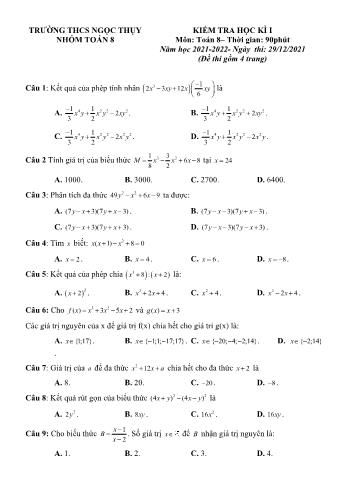 Đề kiểm tra học kì I môn Toán học Lớp 8 - Năm học 2021-2022 - Trường THCS Ngọc Thụy (Có đáp án)