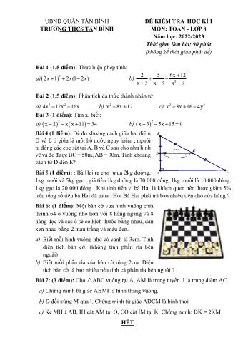 Đề kiểm tra học kì I môn Toán học Lớp 8 - Năm học 2022-2023 - Trường THCS Tân Bình (Có đáp án)