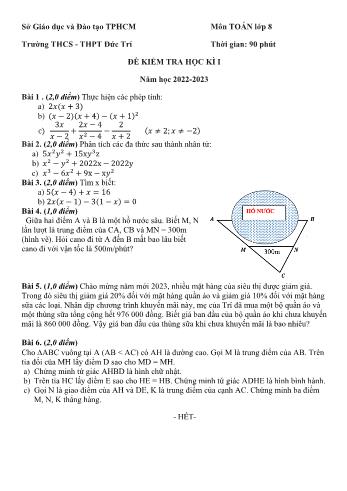 Đề kiểm tra học kì I môn Toán học Lớp 8 - Năm học 2022-2023 - Trường THCS-THPT Đức Trí (Có đáp án)