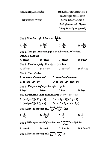 Đề kiểm tra học kỳ 1 môn Toán học Lớp 8 - Năm học 2021-2022 - Trường THCS Thạch Thán