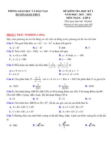 Đề kiểm tra học kỳ I môn Toán học Lớp 8 - Năm học 2021-2022 - Phòng GD&ĐT Giao Thủy