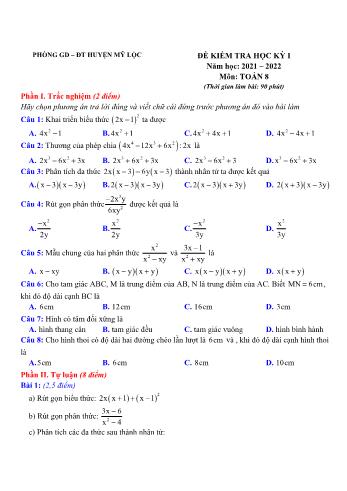 Đề kiểm tra học kỳ I môn Toán học Lớp 8 - Năm học 2021-2022 - Phòng GD&ĐT Mỹ Lộc