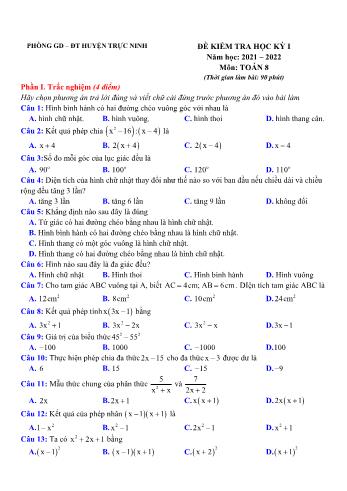Đề kiểm tra học kỳ I môn Toán học Lớp 8 - Năm học 2021-2022 - Phòng GD&ĐT Trực Ninh