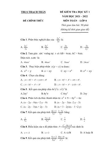 Đề kiểm tra học kỳ I môn Toán học Lớp 8 - Năm học 2021-2022 - Trường THCS Thạch Hãn