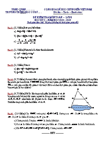 Đề kiểm tra học kỳ I môn Toán học Lớp 8 - Năm học 2022-2023 - Đề 3 (Có đáp án)