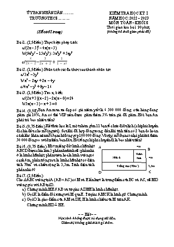 Đề kiểm tra học kỳ I môn Toán học Lớp 8 - Năm học 2022-2023 - Đề 1 (Có đáp án)
