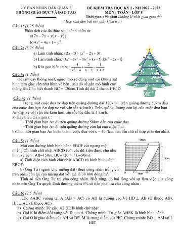 Đề kiểm tra học kỳ I môn Toán học Lớp 8 - Năm học 2022-2023 - Phòng GD&ĐT Quận 5 (Có đáp án)