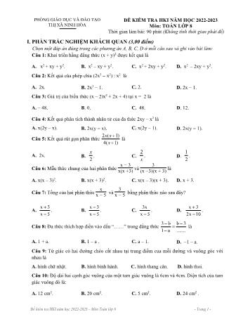 Đề kiểm tra học kỳ I môn Toán học Lớp 8 - Năm học 2022-2023 - Phòng GD&ĐT Thị xã Ninh Hòa (Có đáp án)