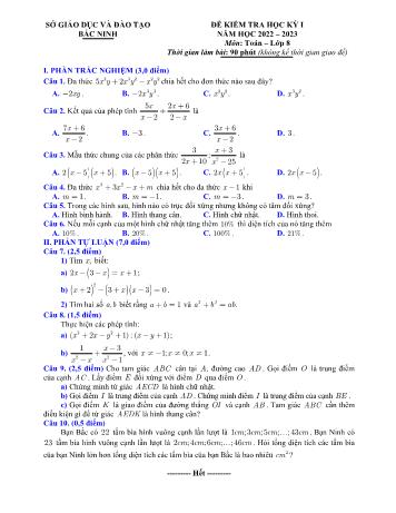 Đề kiểm tra học kỳ I môn Toán học Lớp 8 - Năm học 2022-2023 - Sở GD&ĐT Bắc Ninh (Có đáp án)