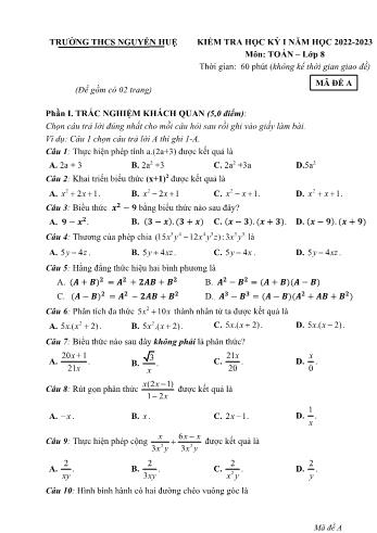 Đề kiểm tra học kỳ I môn Toán học Lớp 8 - Năm học 2022-2023 - Trường THCS Nguyễn Huệ (Có đáp án)