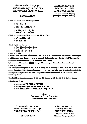 Đề kiểm tra học kỳ I môn Toán học Lớp 8 - Năm học 2022-2023 - Trường THCS Phan Sào Nam (Có đáp án)