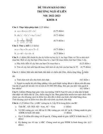 Đề tham khảo học kì 1 môn Toán học Lớp 8 - Năm học 2022-2023 - Trường THCS Ngô Sĩ Liên (Có đáp án)