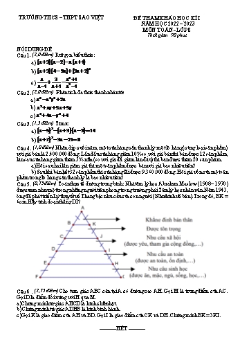 Đề tham khảo học kì I môn Toán học Lớp 8 - Năm học 2022-2023 - Trường THCS-THPT Sao Việt (Có đáp án)