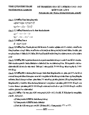 Đề tham khảo học kỳ I môn Toán học Lớp 8 - Năm học 2022-2023 - Trường THCS Lam Sơn (Có đáp án)