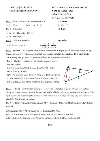 Đề tham khảo kiểm tra học kì I môn Toán học Lớp 8 - Năm học 2022-2023 - Trường THCS Ngô Quyền (Có đáp án)