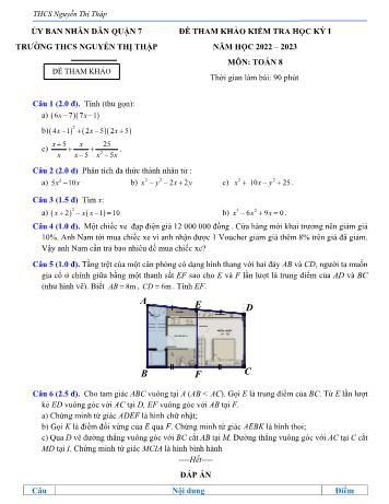 Đề tham khảo kiểm tra học kỳ I môn Toán học Lớp 8 - Năm học 2022-2023 - Trường THCS Nguyễn Thị Thập (Có đáp án)