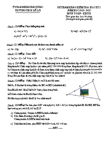 Đề tham khảo kiểm tra học kỳ I môn Toán học Lớp 8 - Năm học 2022-2023 - Trường THCS Lê Lợi (Có đáp án)