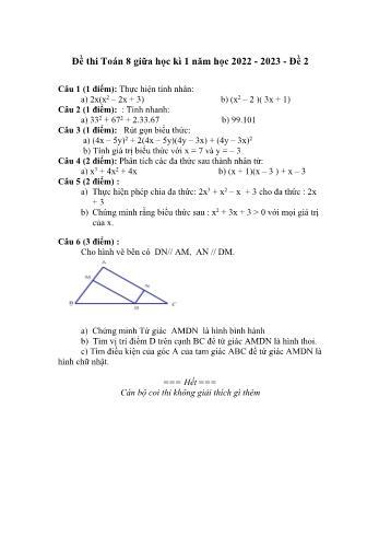 Đề thi giữa học kì 1 môn Toán học Lớp 8 - Năm học 2022-2023 - Đề 2 (Có đáp án)