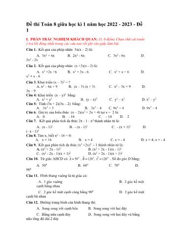 Đề thi giữa học kì 1 môn Toán học Lớp 8 - Năm học 2022-2023 - Đề 1 (Có đáp án)