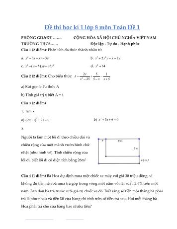 Đề thi học kì 1 môn Toán học Lớp 8 - Đề 1 (Có đáp án)