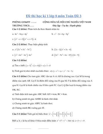 Đề thi học kì 1 môn Toán học Lớp 8 - Đề 3 (Có đáp án)