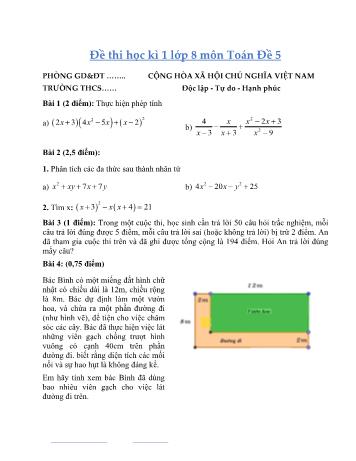 Đề thi học kì 1 môn Toán học Lớp 8 - Đề 5 (Có đáp án)