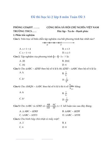 Đề thi học kì 2 môn Toán học Lớp 8 - Đề 3 (Có đáp án)