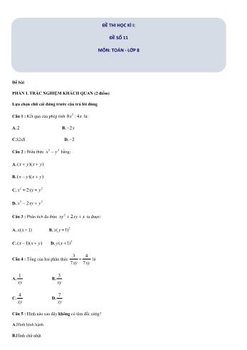 Đề thi học kì I môn Toán học Lớp 8 - Đề số 11 (Có đáp án)