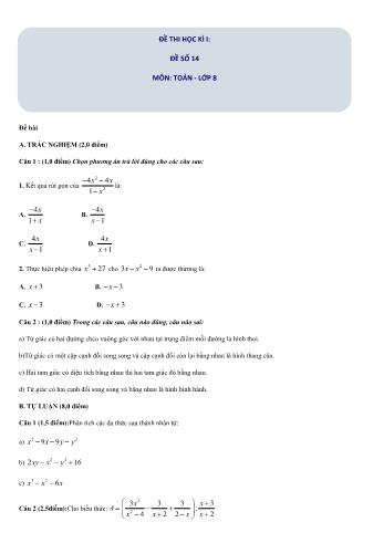 Đề thi học kì I môn Toán học Lớp 8 - Đề số 14 (Có đáp án)