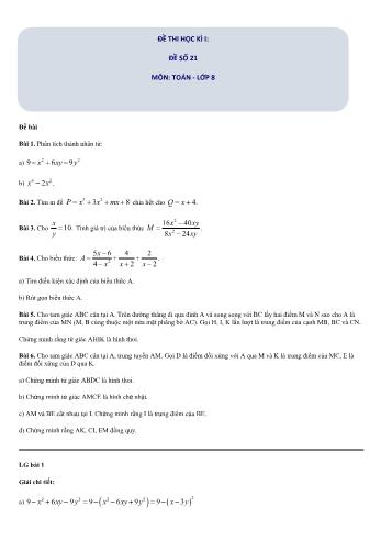 Đề thi học kì I môn Toán học Lớp 8 - Đề số 21 (Có đáp án)