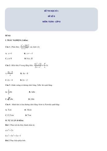 Đề thi học kì I môn Toán học Lớp 8 - Đề số 9 (Có đáp án)