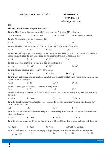 Đề thi học kì I môn Toán học Lớp 8 - Năm học 2021-2022 - Trường THCS Trung Châu (Có đáp án)