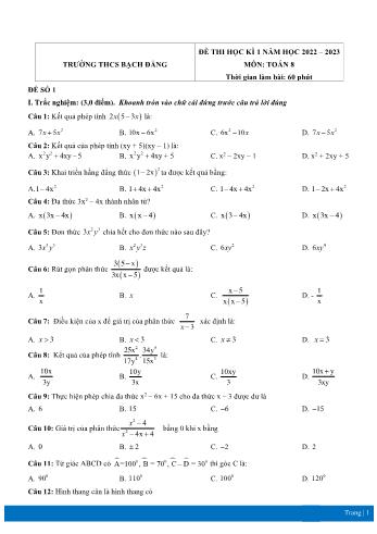 Đề thi học kì I môn Toán học Lớp 8 - Năm học 2021-2022 - Trường THCS Bạch Đằng (Có đáp án)
