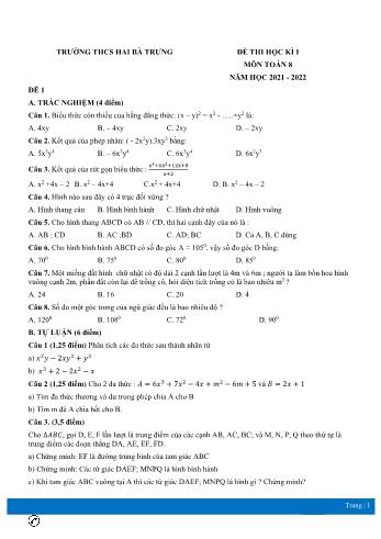 Đề thi học kì I môn Toán học Lớp 8 - Năm học 2021-2022 - Trường THCS Hai Bà Trưng (Có đáp án)