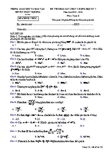 Đề thi khảo sát chất lượng học kỳ I môn Toán học Lớp 8 - Năm học 2022-2023 - Mã đề 130 (Có đáp án)