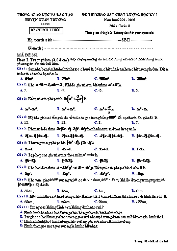 Đề thi khảo sát chất lượng học kỳ I môn Toán học Lớp 8 - Năm học 2022-2023 - Mã đề 361 (Có đáp án)