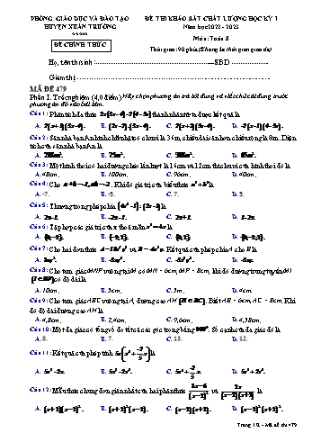 Đề thi khảo sát chất lượng học kỳ I môn Toán học Lớp 8 - Năm học 2022-2023 - Mã đề 479 (Có đáp án)