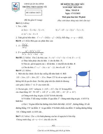 Ề kiểm tra học kì I môn Toán học Lớp 8 - Năm học 2022-2023 - Trường THCS Giảng Võ (Có đáp án)